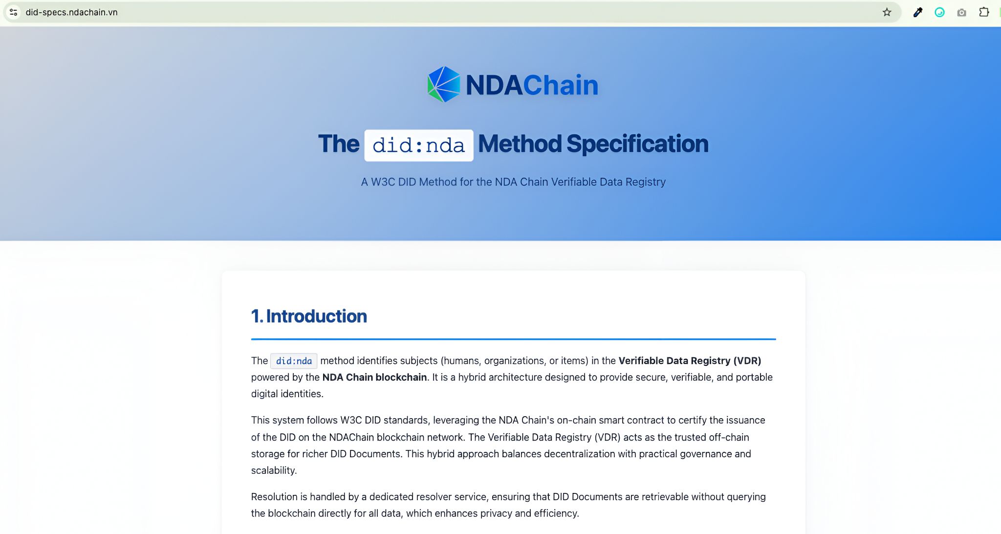 An overview page of the did:nda technical specification showing NDAChain’s decentralized identity method built in accordance with the W3C DID standard