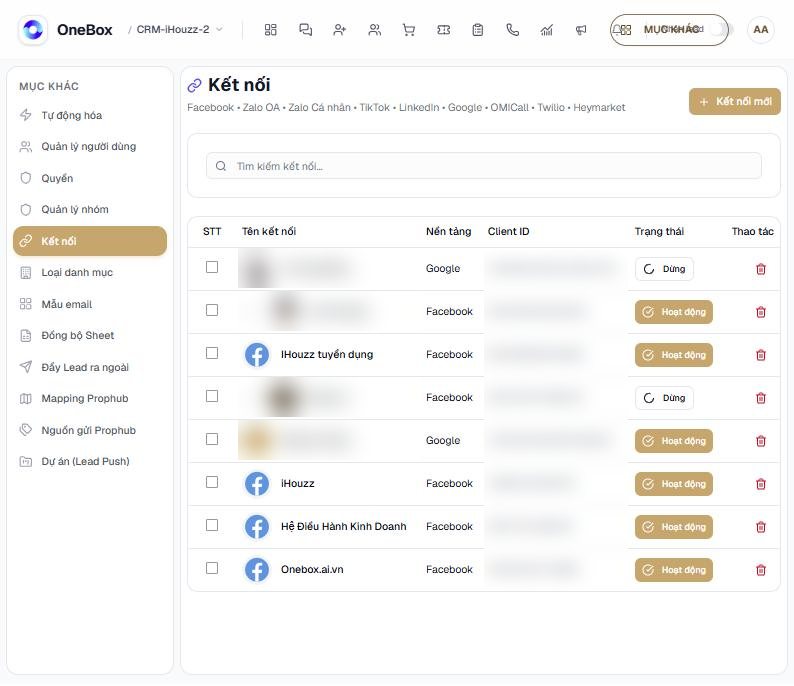 Danh sách kết nối (tài khoản cá nhân và Client ID đã làm mờ)