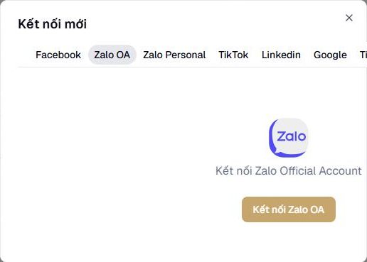 Hộp thoại Kết nối mới, tab Zalo OA