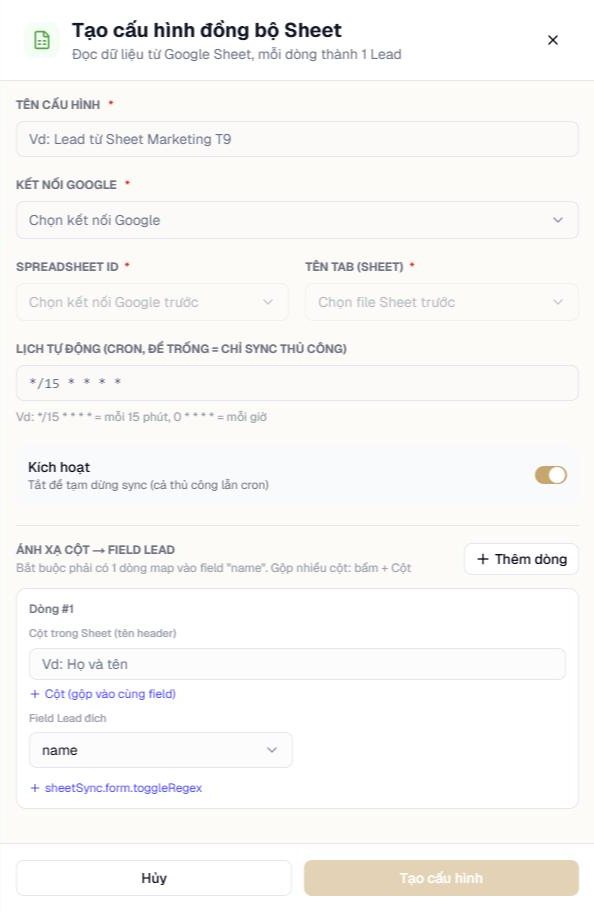 Khung Tạo cấu hình đồng bộ Sheet