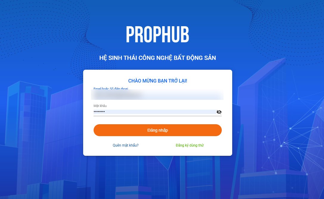 Màn hình đăng nhập PropSales web, logo hiện vẫn là PropHub (email đã làm mờ)
