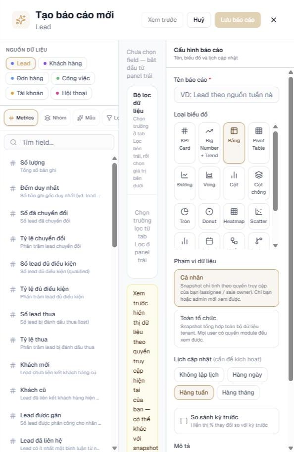 Màn hình tạo báo cáo trong Report Center