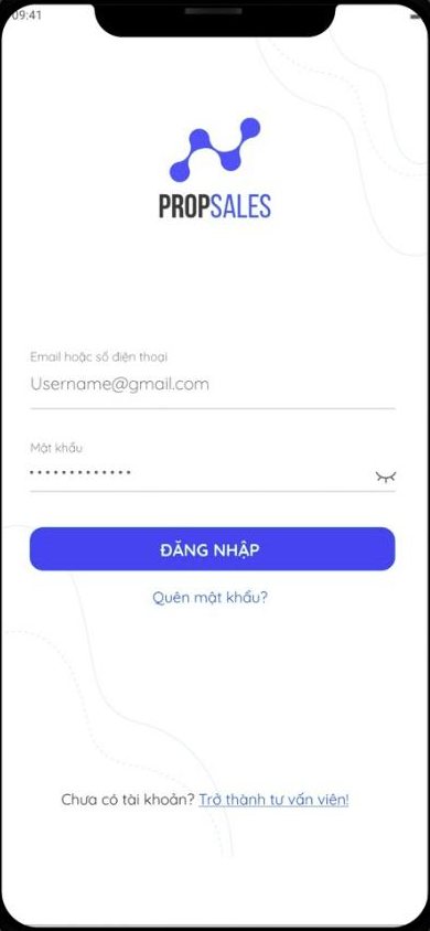Màn hình đăng nhập app PropSales