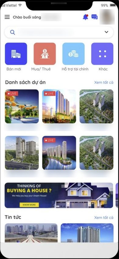 Trang chủ app PropSales (tên dự án và thông tin cá nhân đã làm mờ)