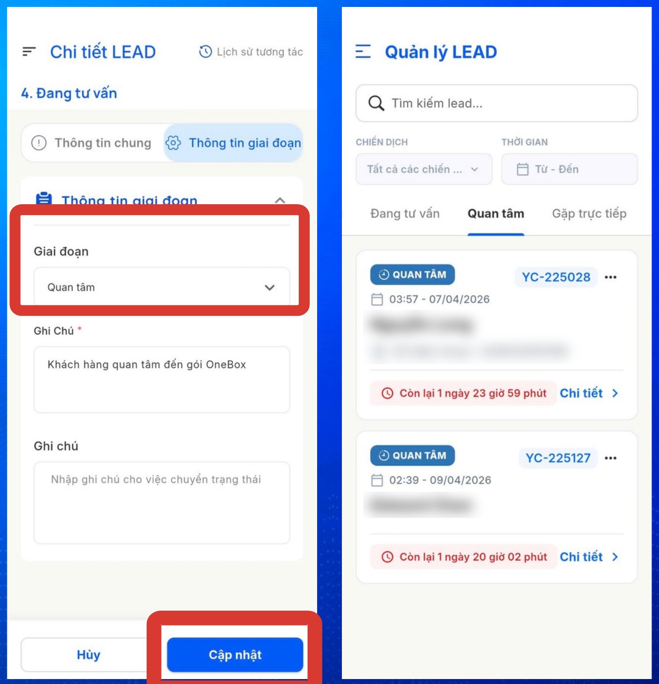 Chuyển lead sang Quan tâm, có Ghi chú bắt buộc (thông tin khách đã làm mờ)