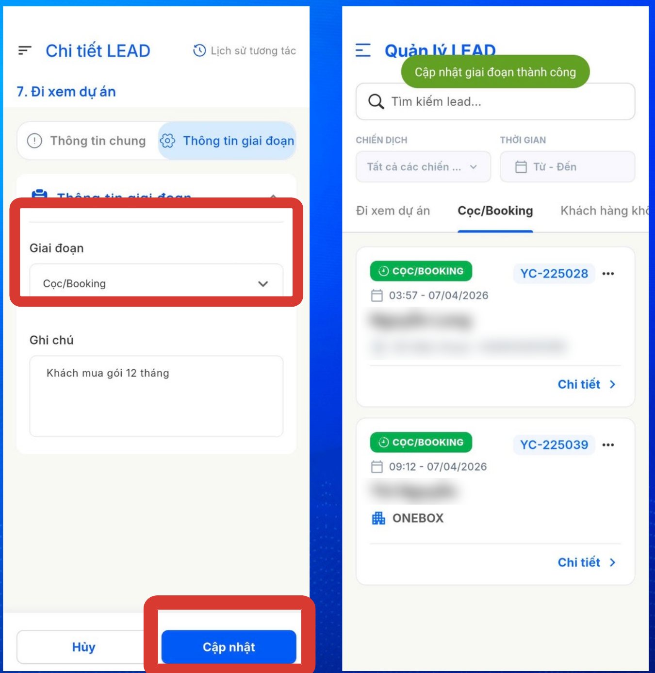 Chuyển lead sang Booking / Cọc (thông tin khách đã làm mờ)