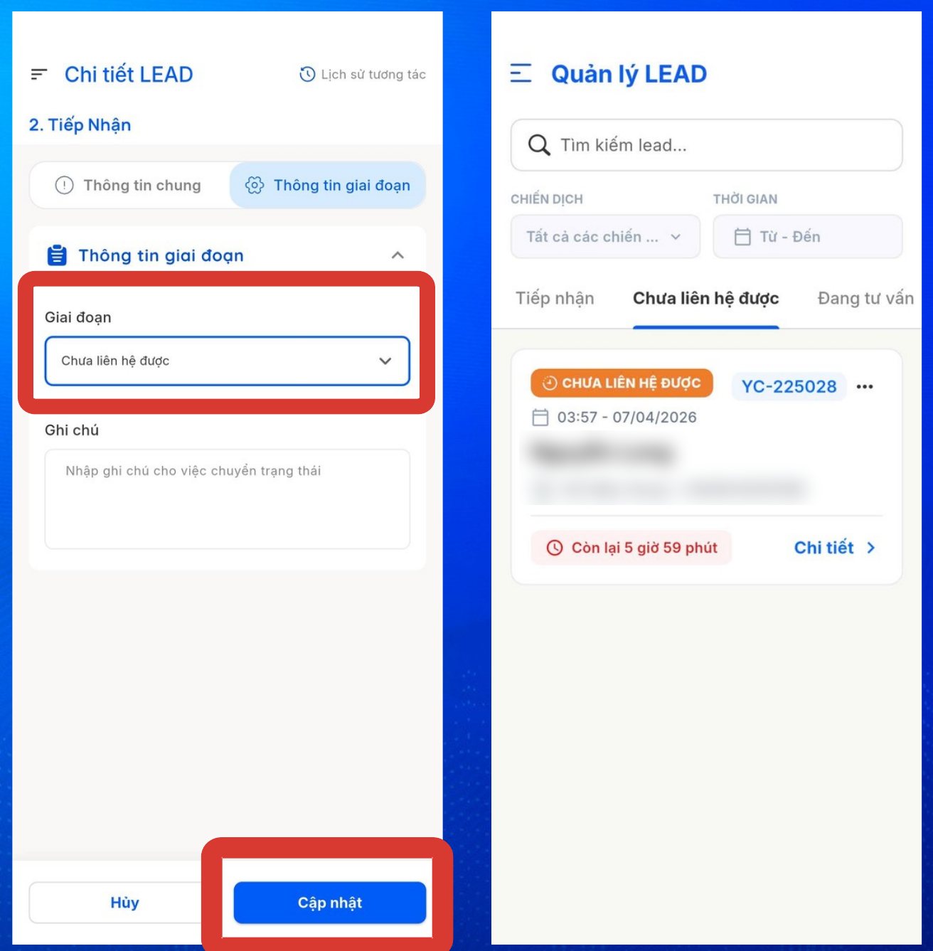 Chuyển lead sang Chưa liên hệ được (thông tin khách đã làm mờ)